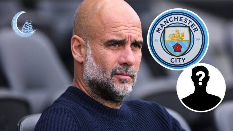 Pep Guardiola looks on prior to the Premier League match between Fulham and Manchester City, Manchester City badge and mystery figure inset