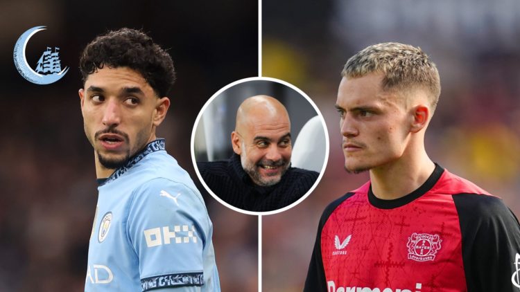 Split image of Omar Marmoush and Florian Wirtz with Pep Guardiola inset