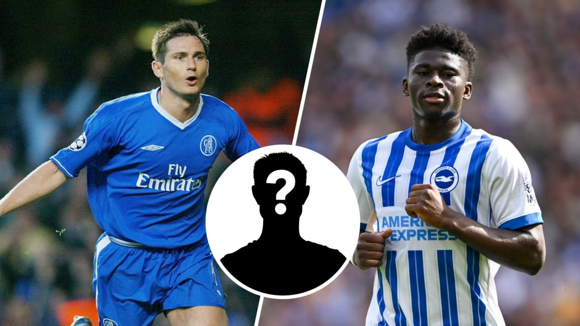 Split image - Frank Lampard celebrating a goal for Chelsea (left) Carlos Baleba in action for Brighton (right) mystery player inset (middle)