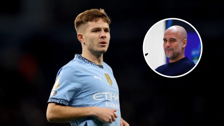 Manchester City midfielder James McAtee with inset of Pep Guardiola