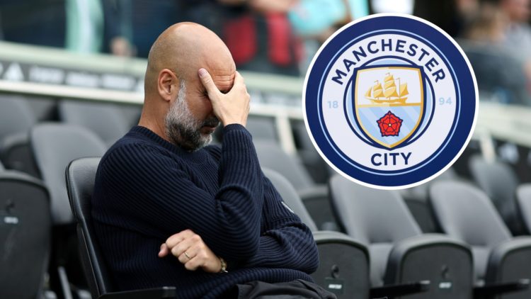 Pep Guardiola with his head in his hands (main image) inset of the Man City badge (top right corner)