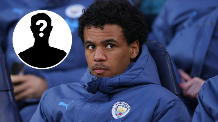 Close up of Oscar Bobb sitting on the bench for Man City (main image) mystery player inset (top left corner)