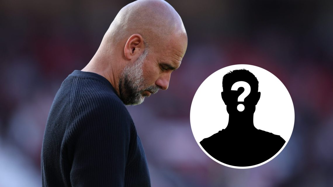 Pep Guardiola looking sad with his head down (main image) mystery player inset (top right corner)