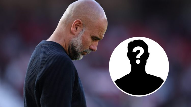Pep Guardiola looking sad with his head down (main image) mystery player inset (top right corner)
