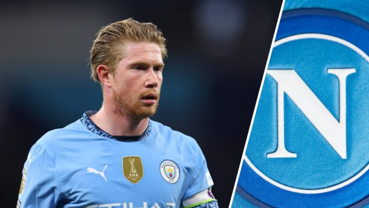 Manchester City star Kevin De Bruyne looks on (left), Napoli badge (right)