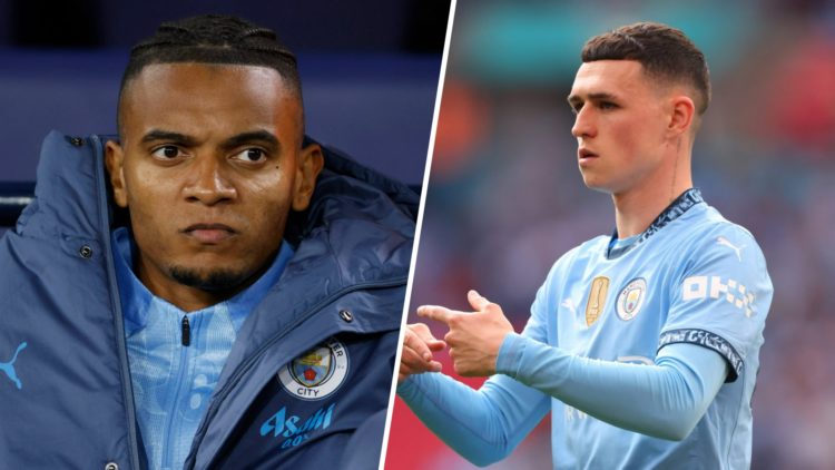 Split image - Manuel Akanji sitting on the bench for Man City (left) Phil Foden signaling to be subbed off (right)