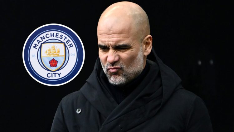 Manchester City manager Pep Guardiola with inset of Manchester City badge