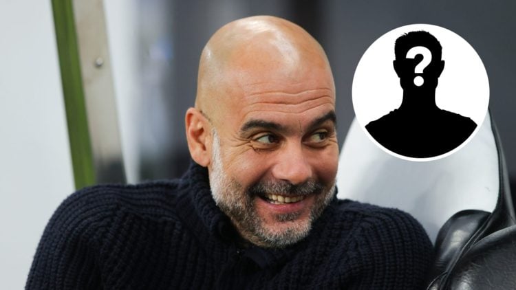 Pep Guardiola laughing on the Man City bench (main image) mystery player inset (top right corner)