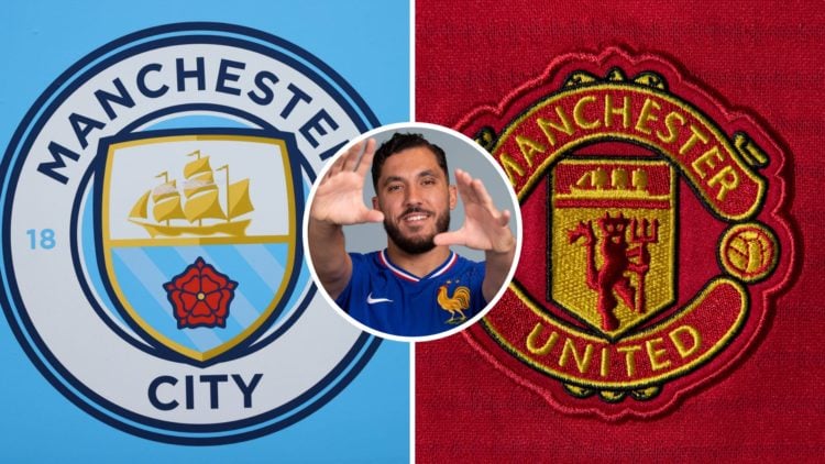 Split image of the Manchester United badge and the Manchester City badge with Rayan Cherki inset
