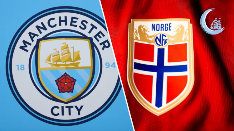 Split image of the Manchester City badge and the Norway football crest