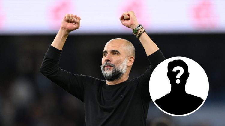 Pep Guardiola with his hands in the air (main image) mystery player inset (top right corner)