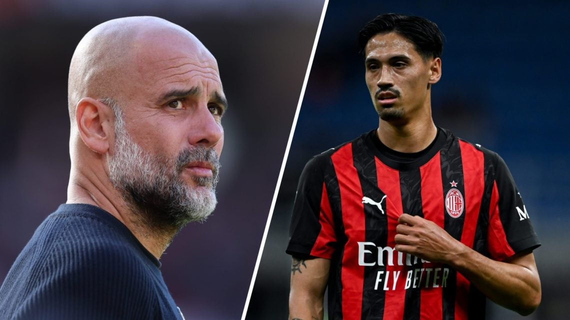 Split image - Close up of Pep Guardiola looking concerned (left) Tijjani Reijnders in action for AC Milan (right)