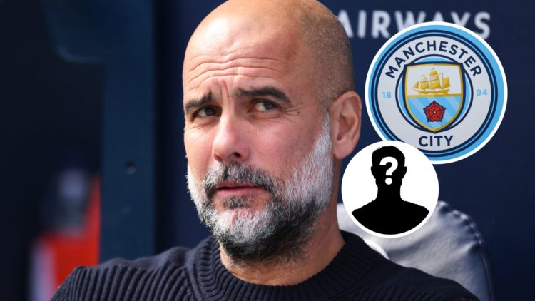 Pep Guardiola looks on before Manchester City vs Crystal Palace, Manchester City badge and mystery figure inset