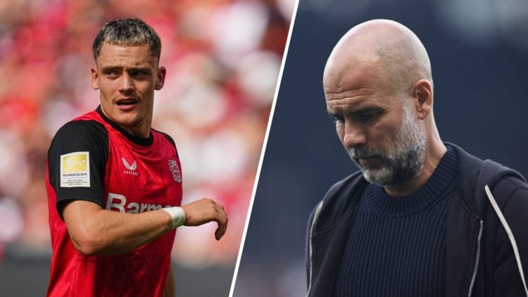 Split image - Florian Wirtz in action for Bayer Leverkusen (left) close up of Pep Guardiola's head (right)