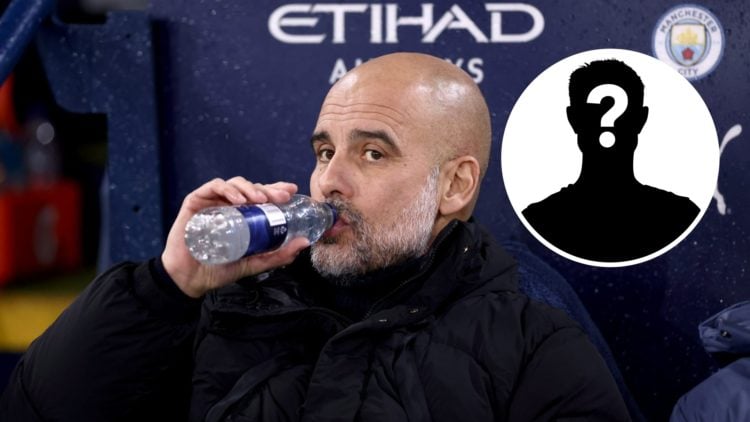 Pep Guardiola drinks water on the Man City bench (main image) mystery player inset (top right corner)
