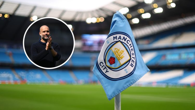 Etihad Stadium corner flag with inset of Manchester City manager Pep Guardiola
