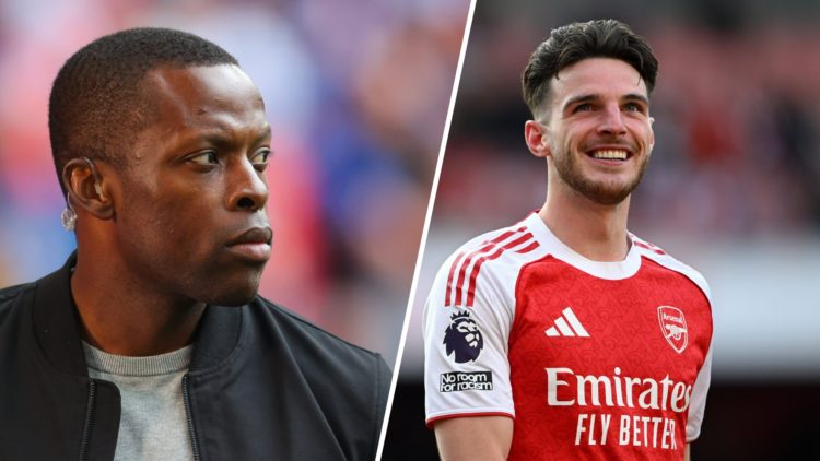 Split image - Close up of Nedum Onuoha's head (left) Declan Rice smiles while playing for Arsenal (right)