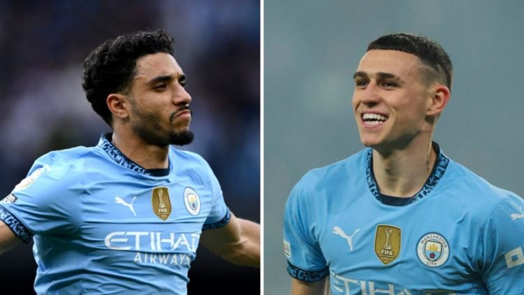 Omar Marmoush celebrates scoring for Manchester City (left), Manchester City star Phil Foden smiling (right)