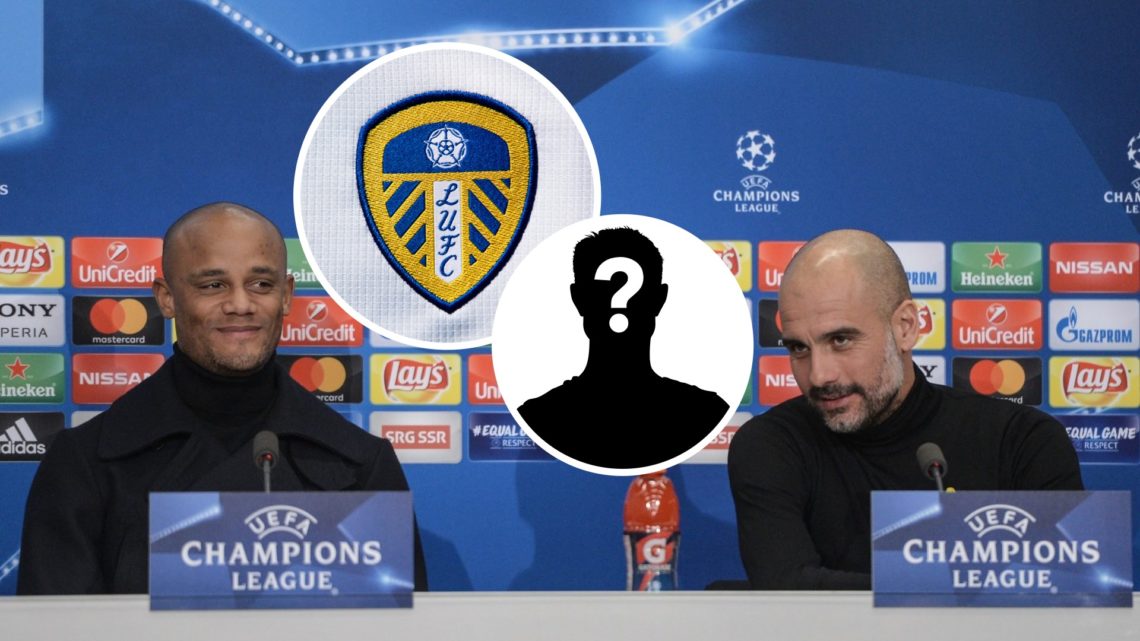 Image of Vincent Kompany and Pep Guardiola with Leeds United badge and mystery figure inset