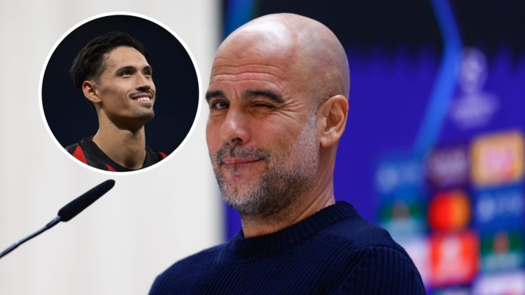 Pep Guardiola winks at the camera during a press conference (main image) inset of Tijjani Reijnders smiling (top left corner)