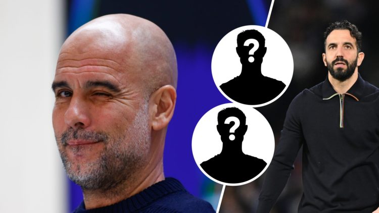 Manchester City manager Pep Guardiola winks (left), Manchester United manager Ruben Amorim looks on (right), mystery player (insets)
