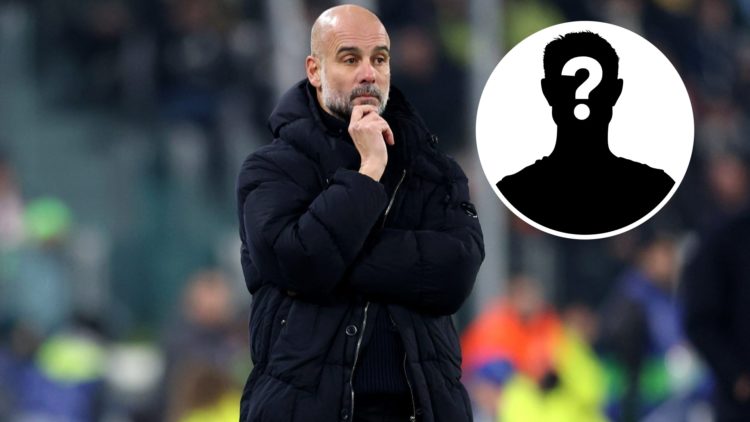 Pep Guardiola thinking with his hand on his chin (main image) mystery player inset (top right corner)
