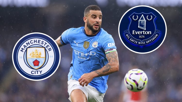 Kyle Walker in action during the Premier League match between Manchester City and Arsenal, with Everton badge and Manchester City badge inset