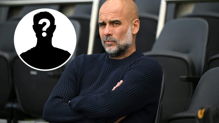 Pep Guardiola with his arms folded on the Man City bench (main image) mystery player inset (top left corner)
