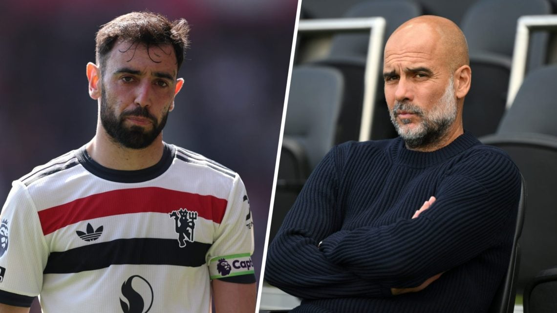 Split image- Bruno Fernandes in action for Man United (left) Pep Guardiola with his arms crossed on the Man City bench (right)