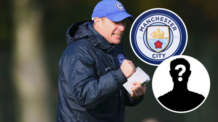 Thomas Kruecken with insets of Manchester City badge and mystery silhouette