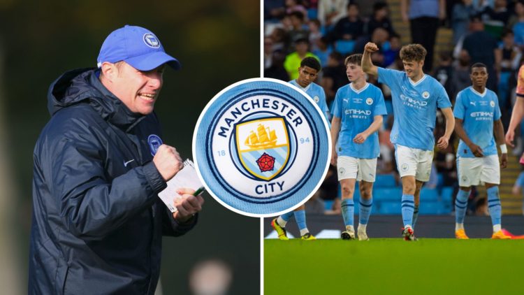 Split image of Manchester City academy director Thomas Kruecken and EDS striker Matty Warhurst with inset of Manchester City badge
