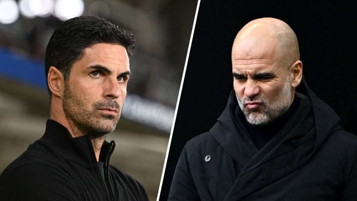 Split image -Mikel Arteta looks focused on the sideline (left) Pep Guardiola with an angry look on his face (right)