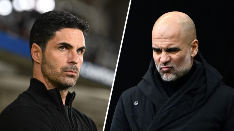 Split image -Mikel Arteta looks focused on the sideline (left) Pep Guardiola with an angry look on his face (right)
