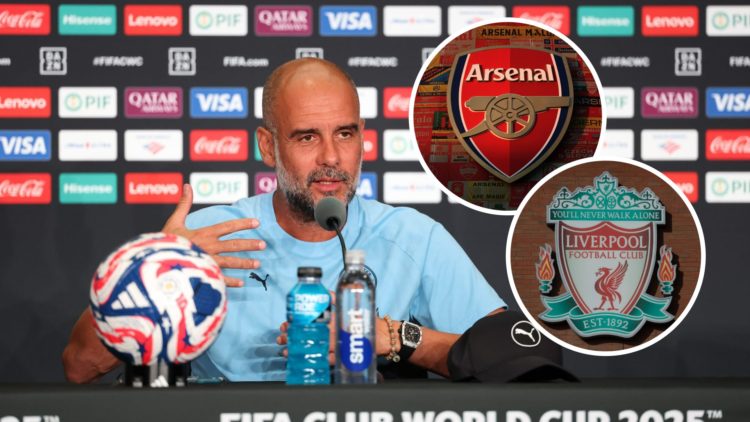Pep Guardiola speaking at a Man City press conference (main image) inset of the Arsenal badge (top right corner) inset of the Liverpool badge (bott...