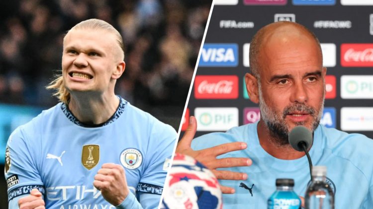 Erling Haaland celebrates after scoring for Manchester City (left), Manchester City manager Pep Guardiola speaking at a press conference (right)