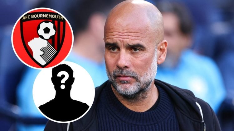 Close up of Man City boss Pep Guardiola (main image) Inset of Bournemouth crest (top left corner) mystery player inset (bottom left corner)