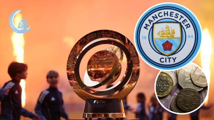 Image of the FIFA Club World Cup trophy with Manchester City badge and English money inset