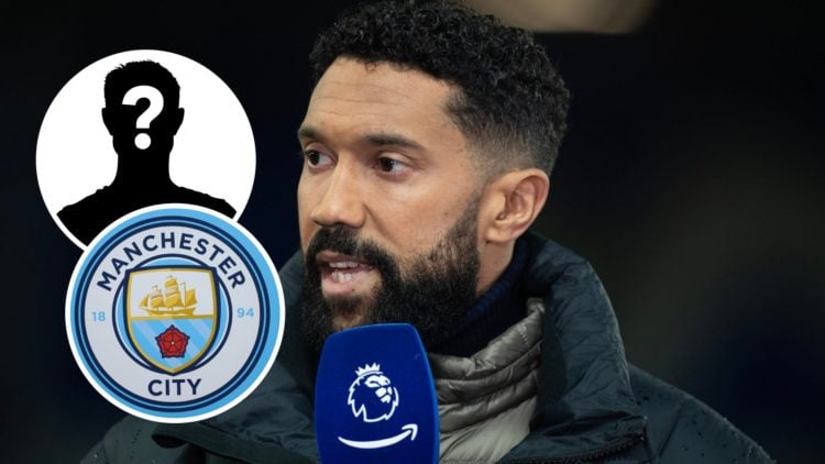 Gael Clichy with insets of Manchester City badge and mystery silhouette