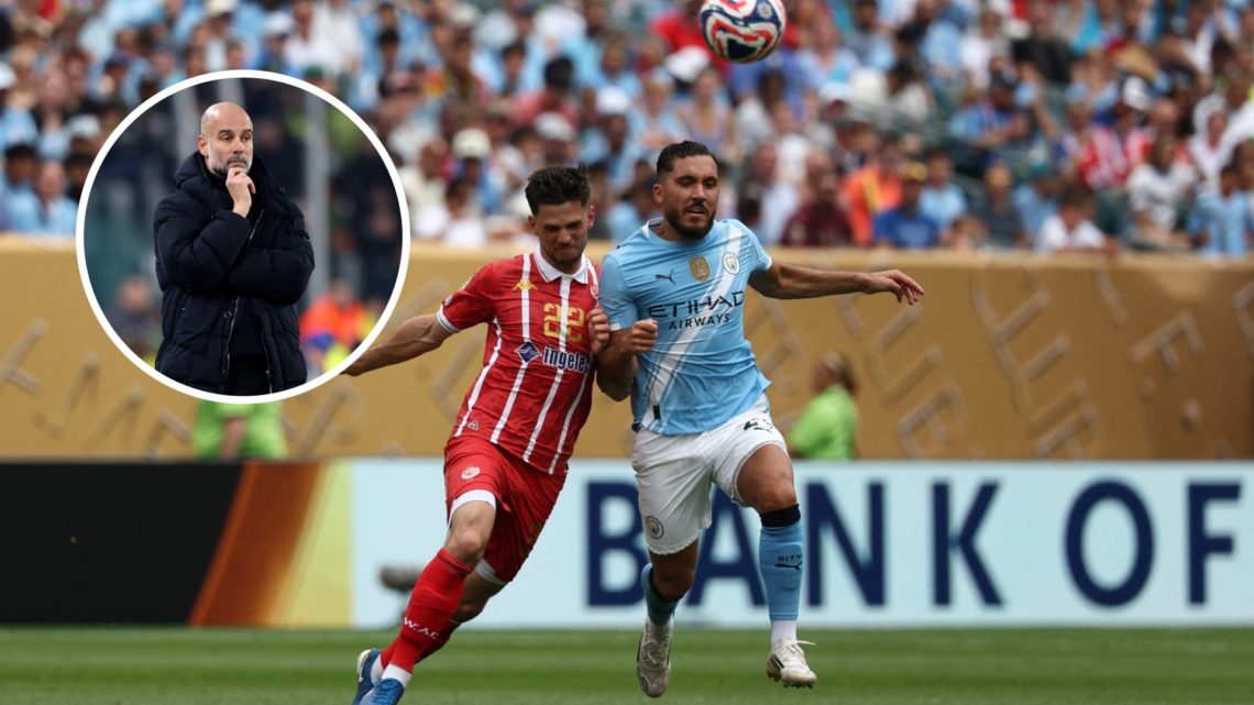Manchester City attacker Rayan Cherki with inset of Pep Guardiola