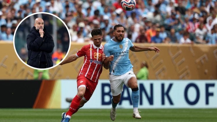 Manchester City attacker Rayan Cherki with inset of Pep Guardiola