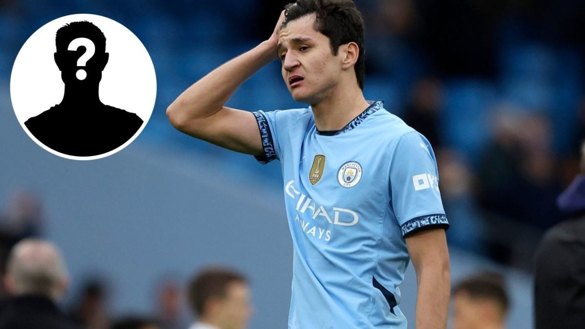 Abdukodir Khusanov of Manchester City looking concerned (main image) with inset of mystery player (top left corner)