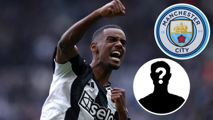 Newcastle United's Alexander Isak reacting (main image) with insets of Manchester City badge (top right corner) and mystery player (right to the ce...