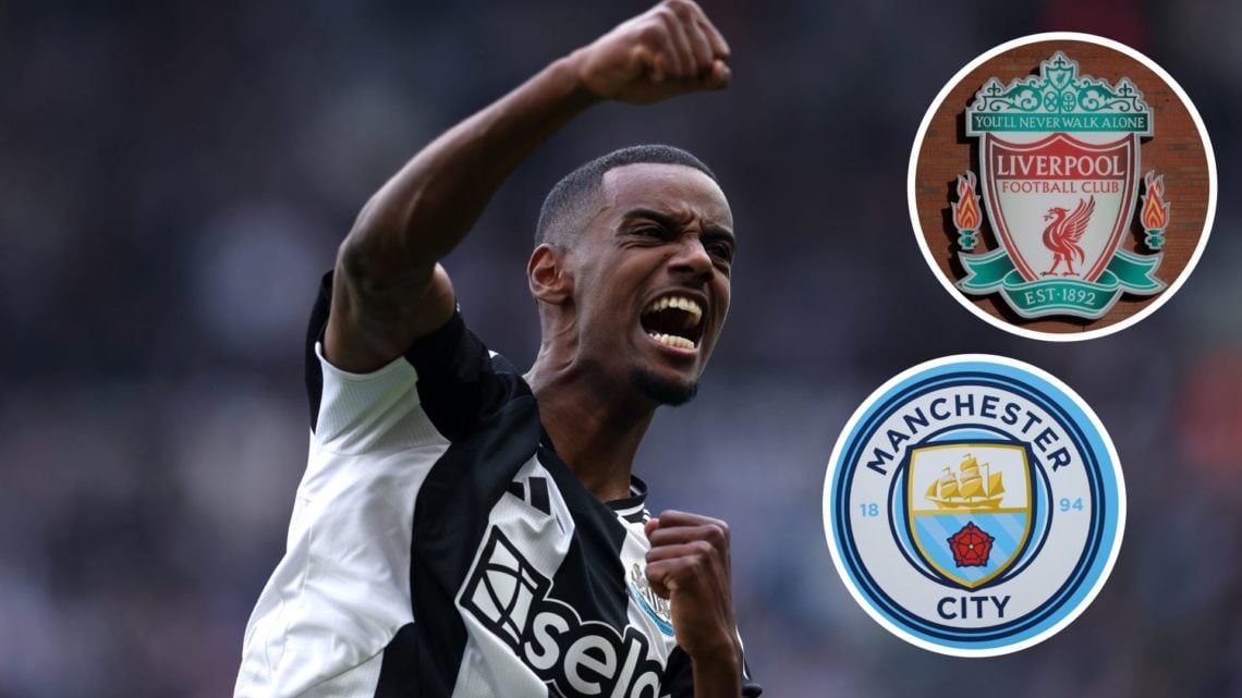 Newcastle United's Alexander Isak celebrates with insets of Manchester City badge (bottom right) and Liverpool badge (top right corner)