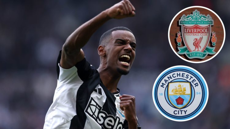 Newcastle United's Alexander Isak celebrates with insets of Manchester City badge (bottom right) and Liverpool badge (top right corner)