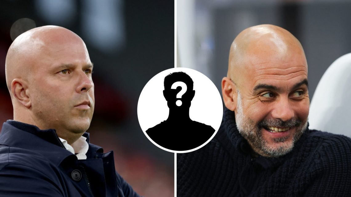 Split Image of Liverpool's Arne Slot looking on (right) and Manchester City manager Pep Guardiola looking happy (left) with inset of mystery player...