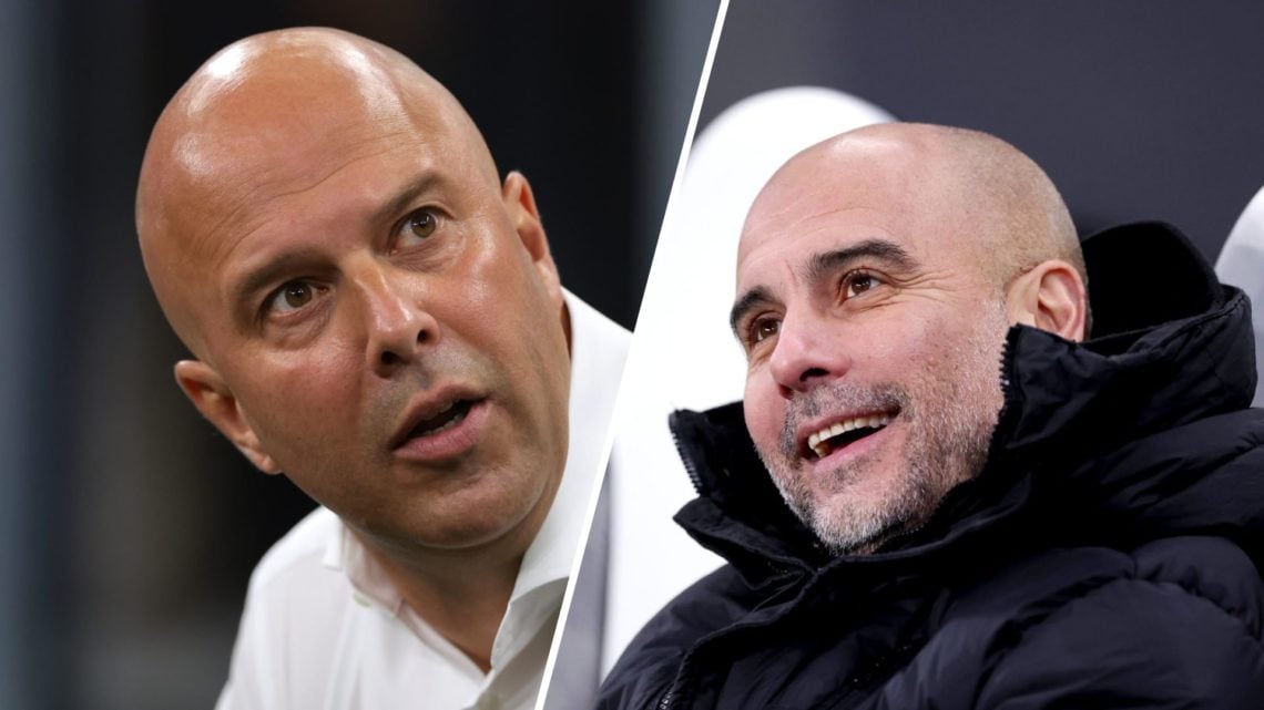 Split Image of Liverpool manager Arne Slot looking surprised ahead of Champions League match against AC Milan (right) and Manchester City's Pep Gua...