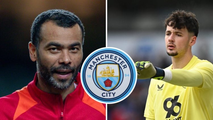 Split Image of Ashley Cole looking on (left) and James Trafford of Burnley in action (right) with inset of Manchester City badge (middle)