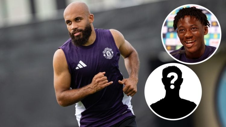 Bryan Mbeumo of Manchester United in action (main image) with insets of Kobbie Mainoo of England smiling (top right corner) and mystery player (bot...