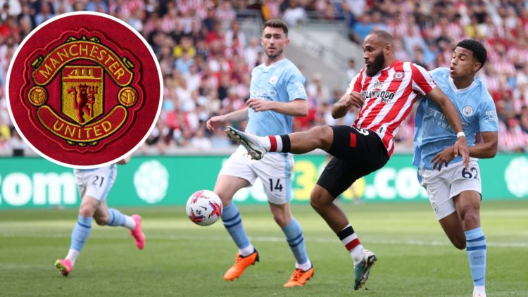 Bryan Mbeumo in action during Brentford's Premier League match against Manchester City (main image) with inset of Manchester United crest (top left...