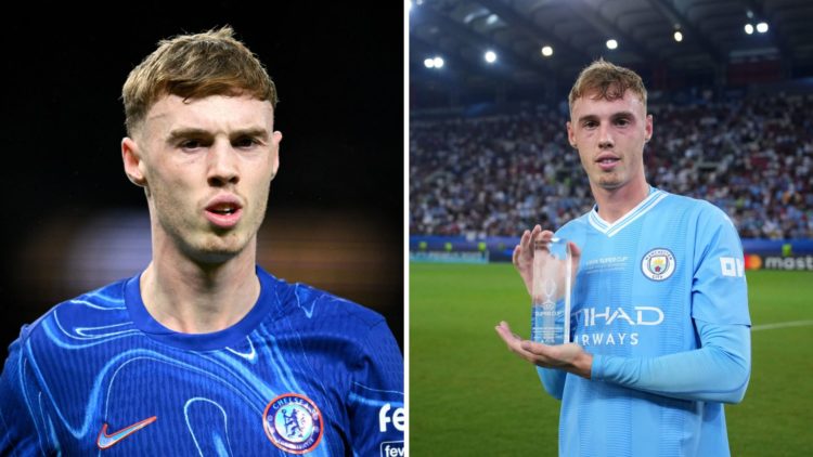 Split Image of Cole Palmer of Chelsea looking on (left) and Cole Palmer posing for a photo after Manchester City's match against Sevilla (right)